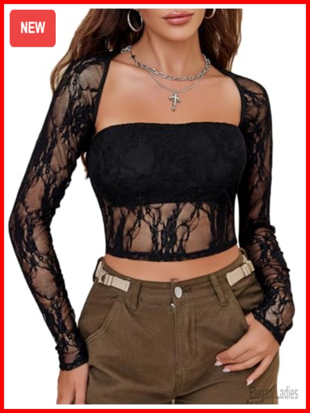 Mesh Long Sleeve Sheer Blouse See Through Floral Lace Top